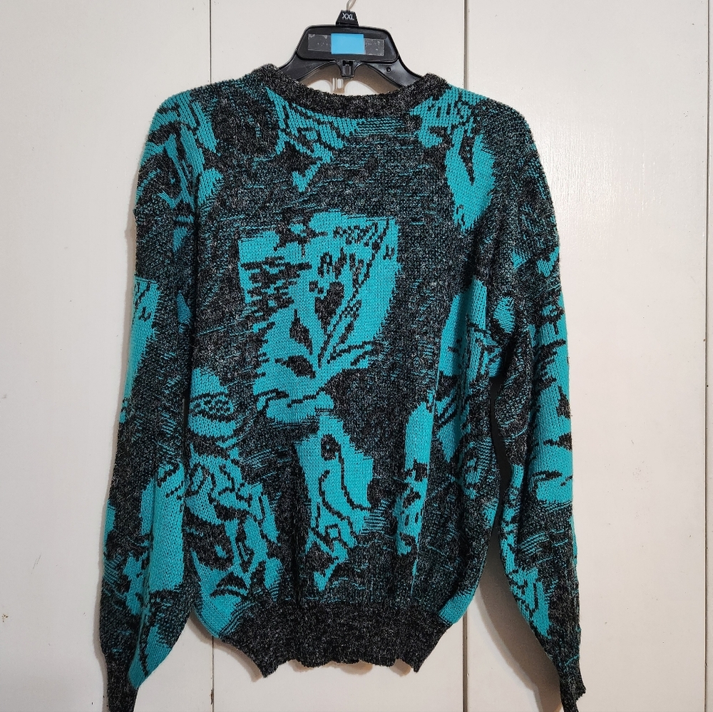 Vintage Santana Ltd Abstract Knit Sweater Mens Medium Teal Black 80s 90s Retro